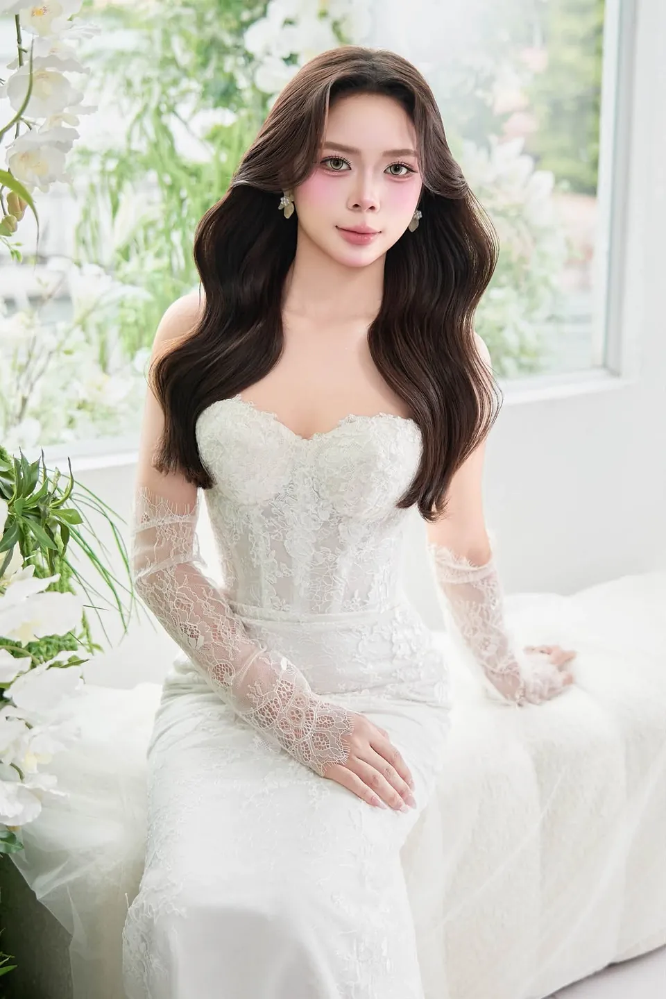 Cô dâu phong cách Hàn Quốc đặt tay lên ngực, mặc váy ren cúp ngực